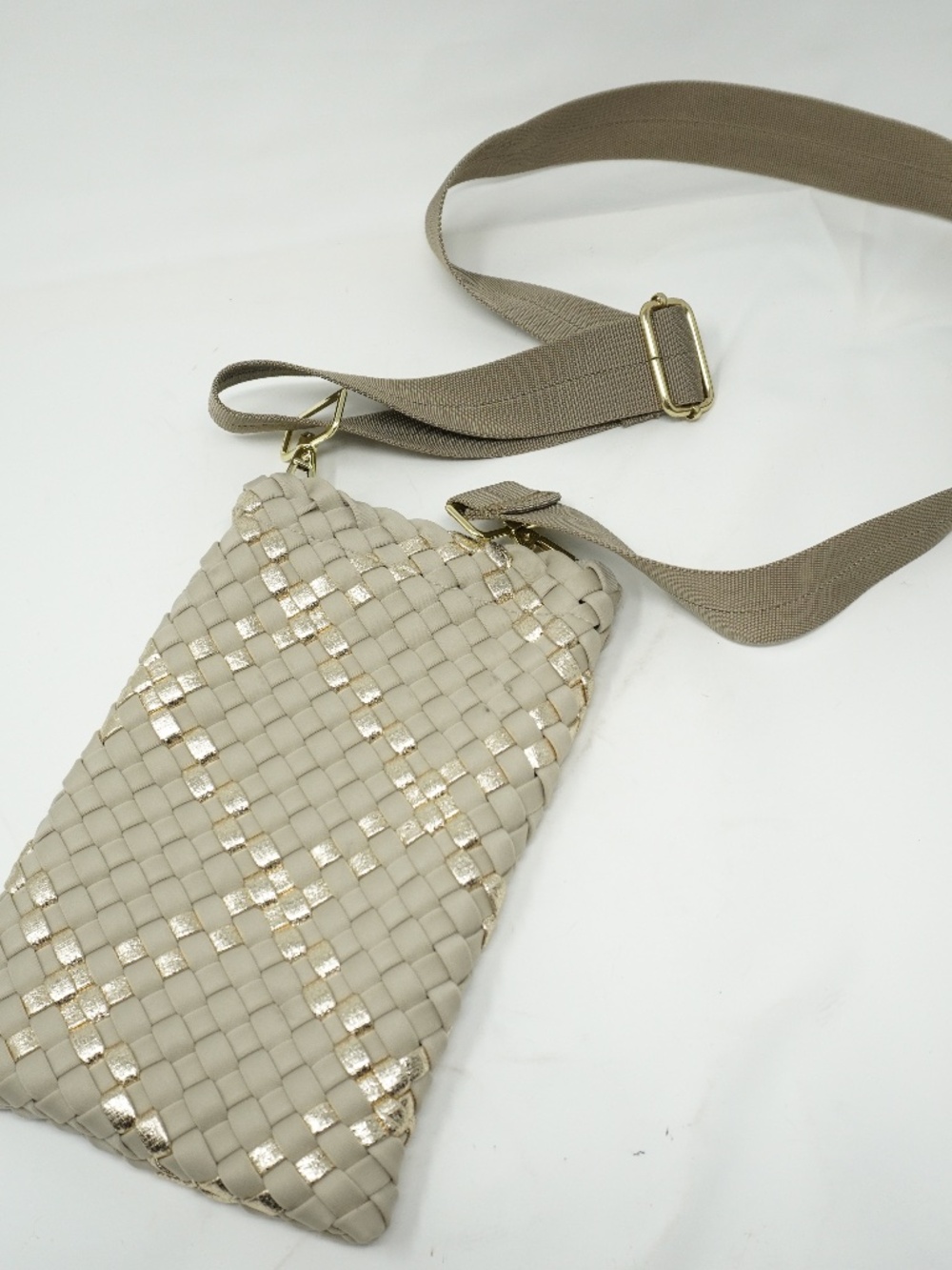 Haute Shore - Shay Buff Woven Phone bag, Beige W/Gold Metallic Accents